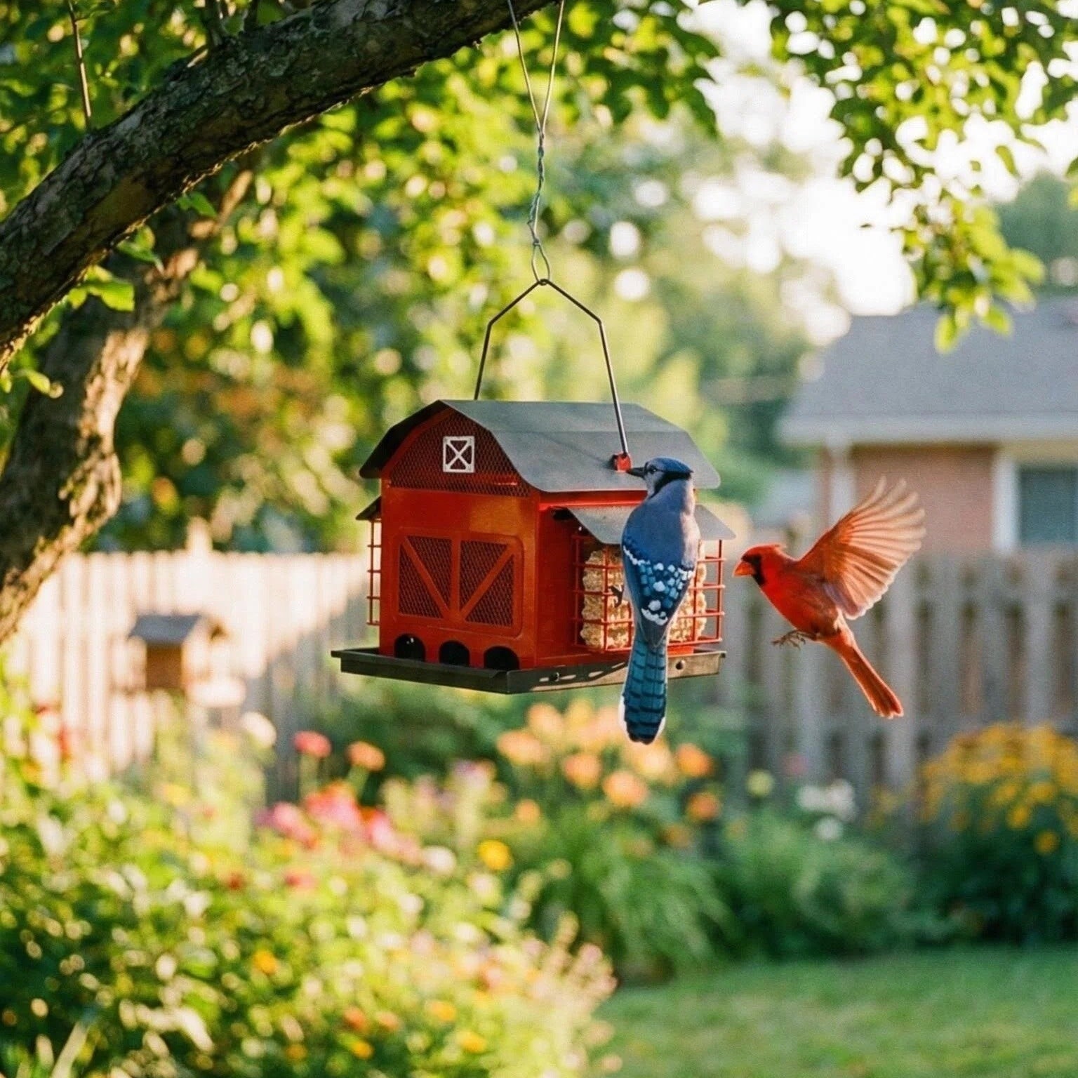 Red Barn Metal Bird Feeder – Dual-Compartment Suet &amp; Seed Station for Wild Birds