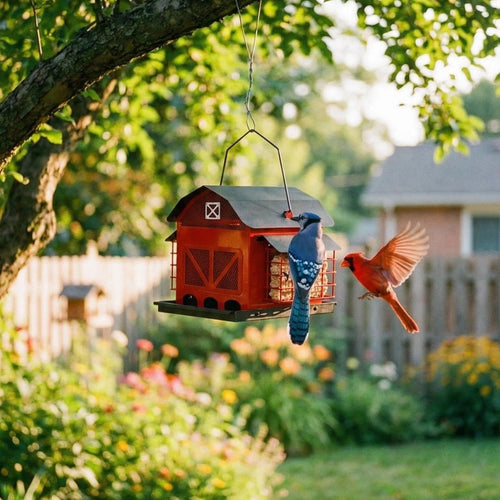 Red Barn Metal Bird Feeder – Dual-Compartment Suet &amp; Seed Station for Wild Birds
